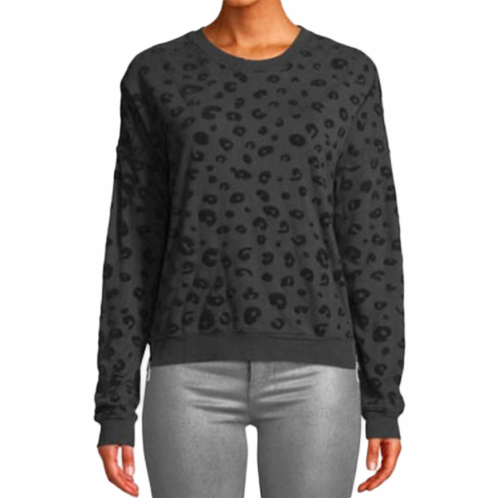RAILS Marlo Flocked Leopard Sweatshirt Side Zip Knit Top black Size Large